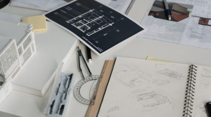Professional's desk with a silver compass resting on top of architectural blueprints, symbolizing expert guidance in the r...